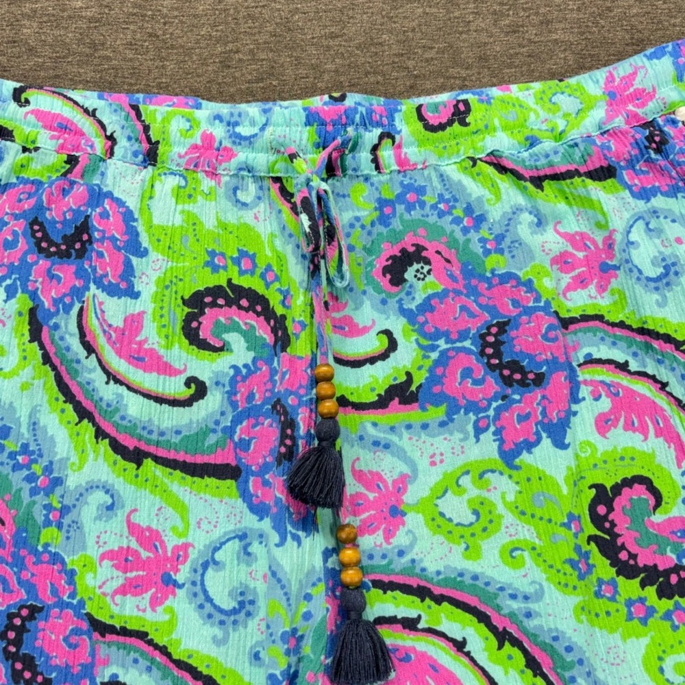 Talbots Pants Womens XL Aqua Paisley Capri Drawstring Tassel Pom Hem 100% Cotton - Picture 2 of 12